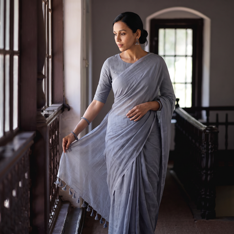 Blue Plain Pure Mul Cotton Ready To Wear Saree, draped and worn by a woman, AI visual of the saree, iTokri