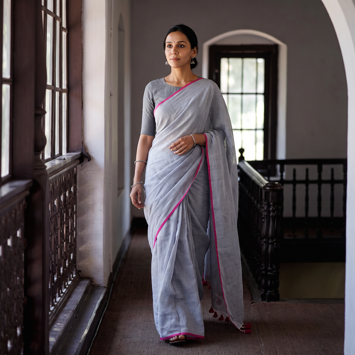 Blue Plain Pure Mul Cotton Ready To Wear Saree, draped and worn by a woman, AI visual of the saree, iTokri