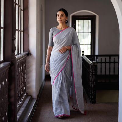 Blue Plain Pure Mul Cotton Ready To Wear Saree, draped and worn by a woman, AI visual of the saree, iTokri