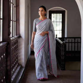 Blue Plain Pure Mul Cotton Ready To Wear Saree, draped and worn by a woman, AI visual of the saree, iTokri