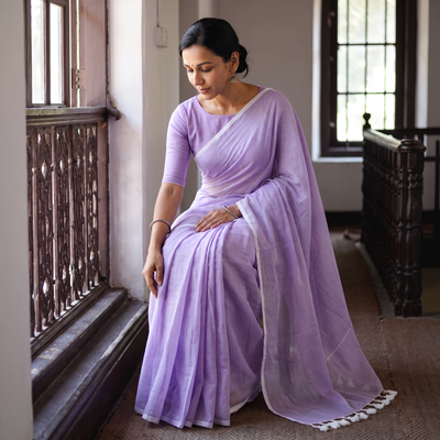 Purple Plain Pure Mul Cotton Ready To Wear Saree, draped and worn by a woman, AI visual of the saree, iTokri