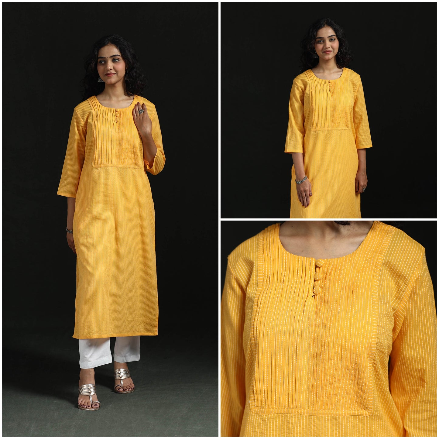 Plain running stitch pintuck straight cotton kurta