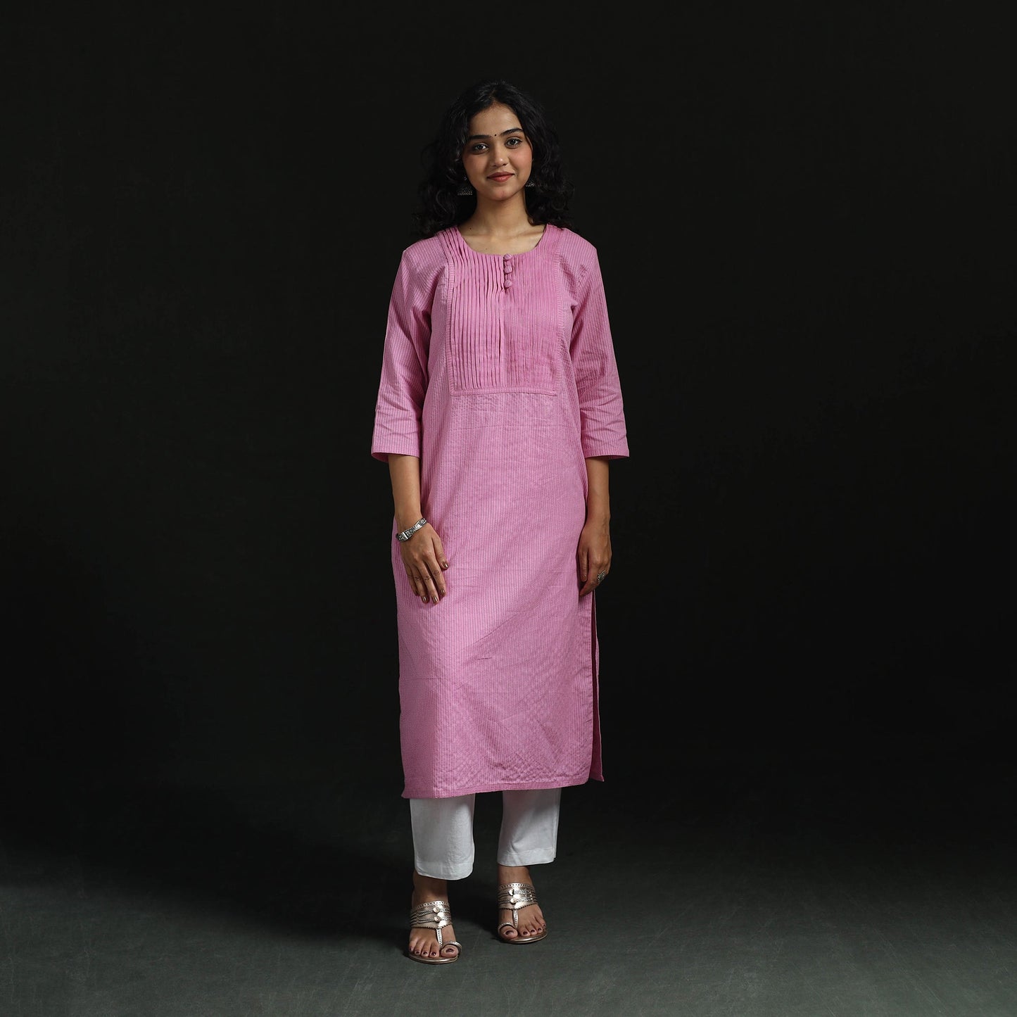 Plain running stitch pintuck straight cotton kurta