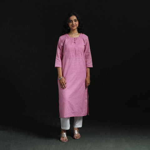 Plain running stitch pintuck straight cotton kurta