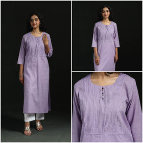Plain running stitch pintuck straight cotton kurta