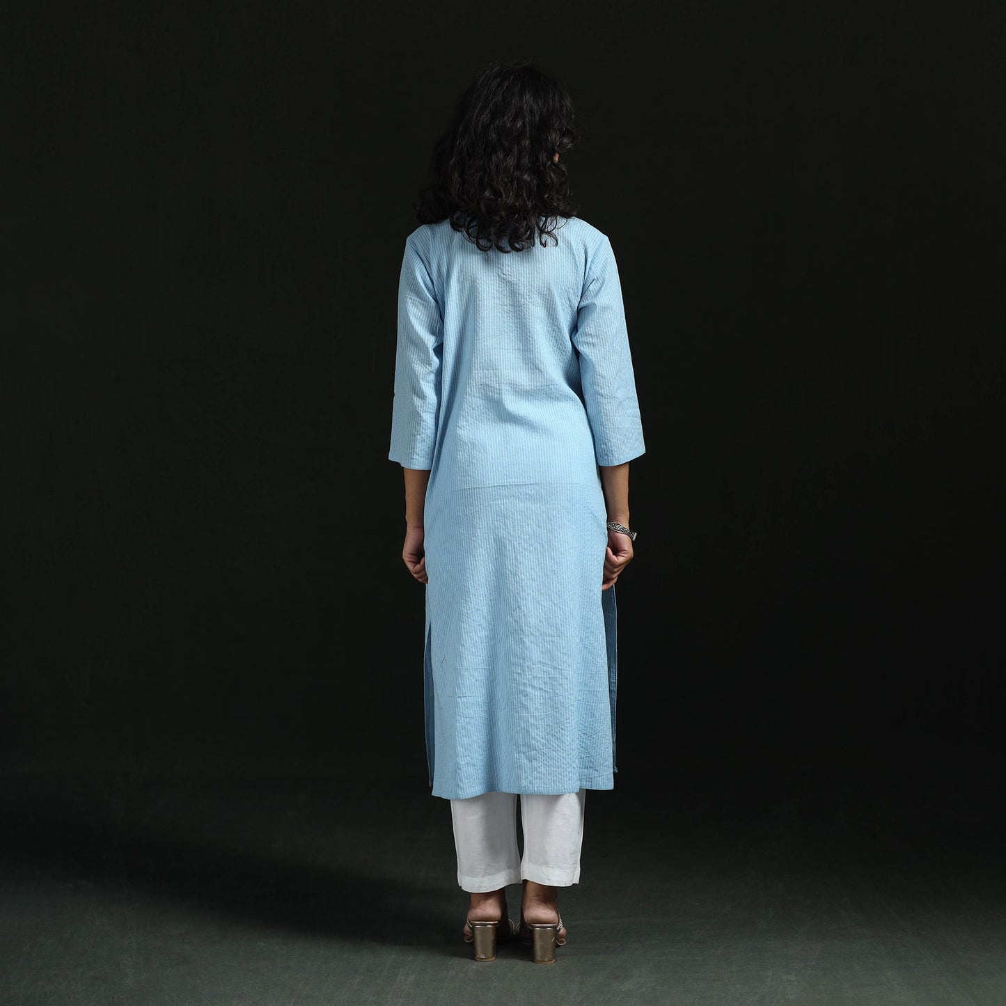 Plain running stitch pintuck straight cotton kurta