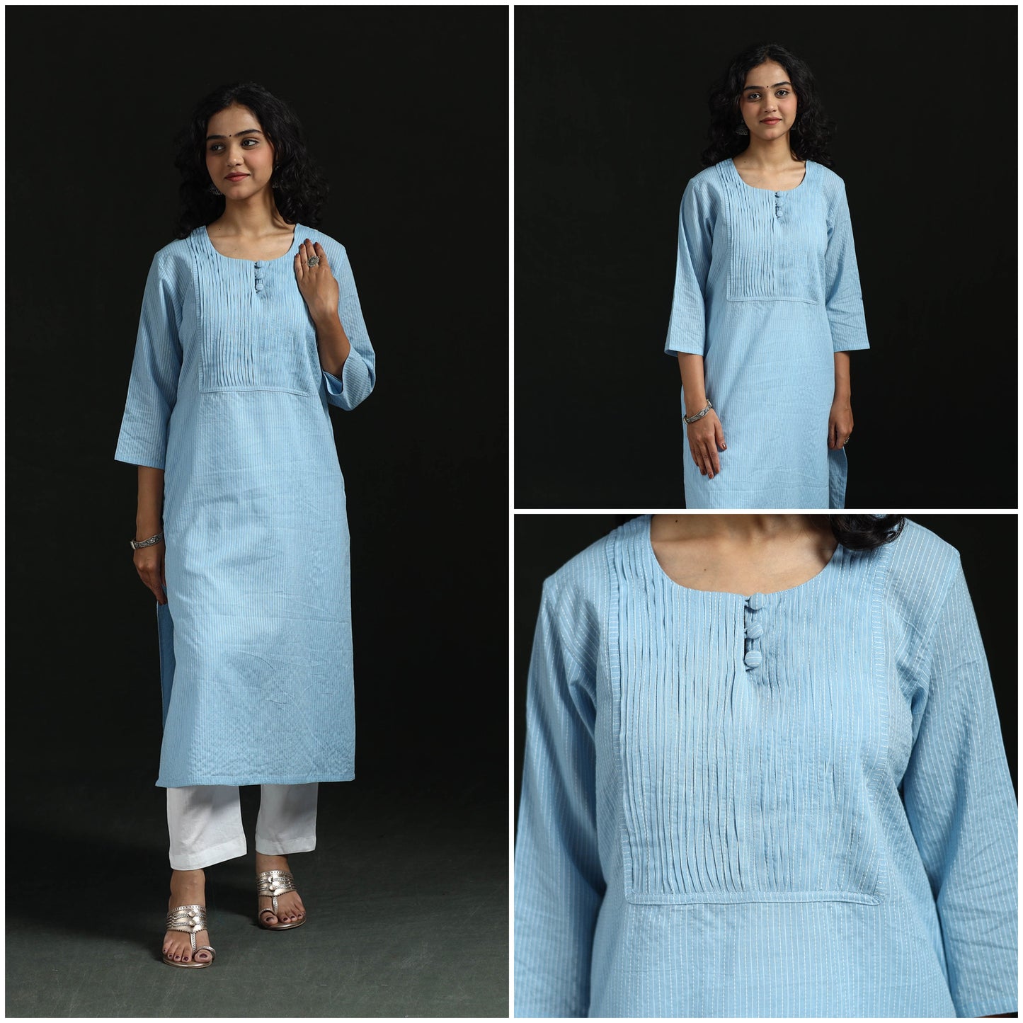 Plain running stitch pintuck straight cotton kurta