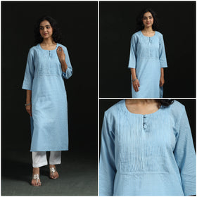 Plain running stitch pintuck straight cotton kurta