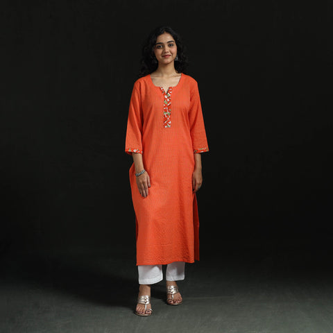 Plain running stitch straight cotton kurta for women 02