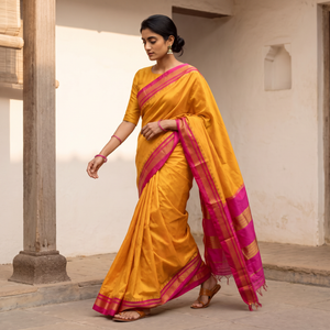 Yellow Plain Silk Cotton Zari Border Saree with Blouse Piece, draped and worn by a woman, AI visual of the saree, iTokri