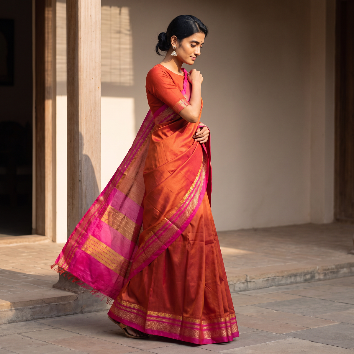 Red Plain Silk Cotton Zari Border Saree with Blouse Piece, draped and worn by a woman, AI visual of the saree, iTokri