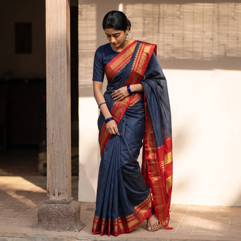 Blue Plain Silk Cotton Zari Border Saree with Blouse Piece, draped and worn by a woman, AI visual of the saree, iTokri
