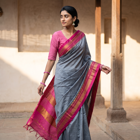 Grey Plain Silk Cotton Zari Border Saree with Blouse Piece, draped and worn by a woman, AI visual of the saree, iTokri