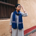 Blue Plain Weave Hashidar Fine Wool Stole, worn by a woman, AI visual of the stole, iTokri