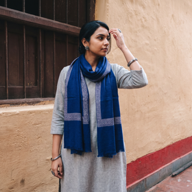 Blue Plain Weave Hashidar Fine Wool Stole, worn by a woman, AI visual of the stole, iTokri