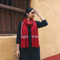 Red Plain Weave Hashidar Fine Wool Stole, worn by a woman, AI visual of the stole, iTokri