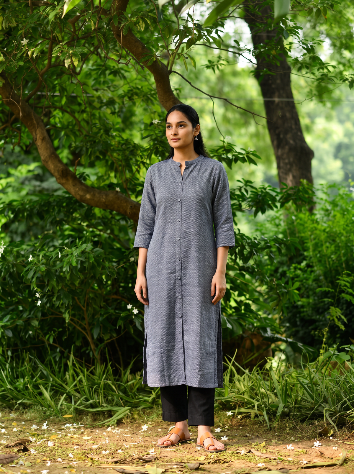 Grey Plain Wool Button Front Kurta, worn by a woman for winter wear, also office, daily wear, AI visual of the kurta, iTokri