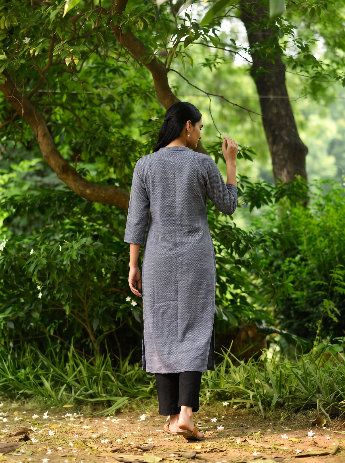 Grey Plain Wool Button Front Kurta, back view, straight, calf length, band collar, notch, AI visual of the kurta, iTokri