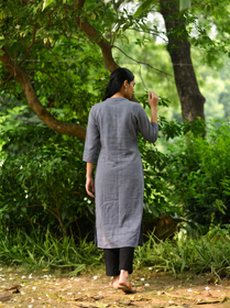 Grey Plain Wool Button Front Kurta, back view, straight, calf length, band collar, notch, AI visual of the kurta, iTokri
