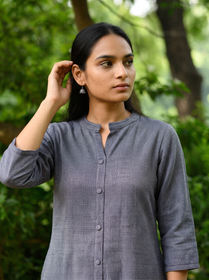 Grey Plain Wool Button Front Kurta, front view, slate grey wool, woven white zigzag flecks, AI visual of the kurta, iTokri