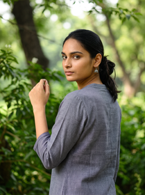 Grey Plain Wool Button Front Kurta, over the shoulder view, slate grey wool, woven white zigzag flecks, AI visual of the kurta, iTokri