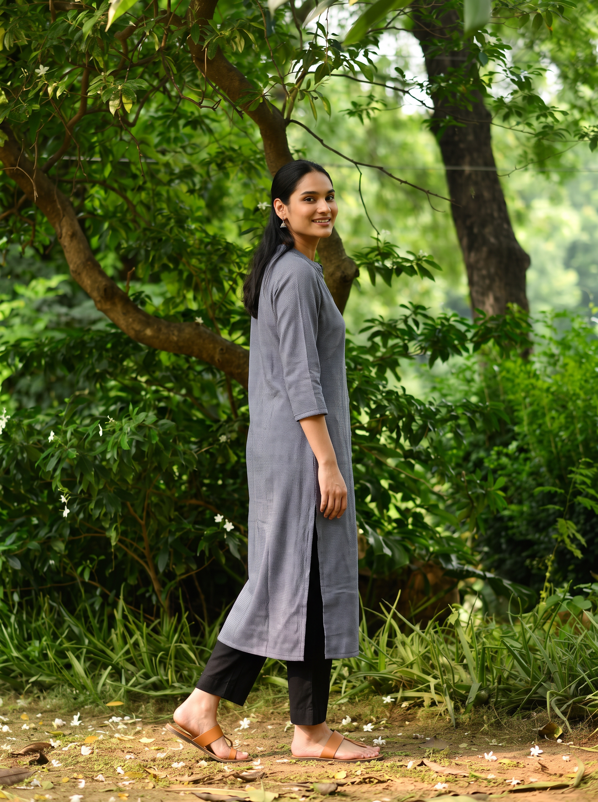 Grey Plain Wool Button Front Kurta, side view, straight, calf length, band collar, notch, AI visual of the kurta, iTokri