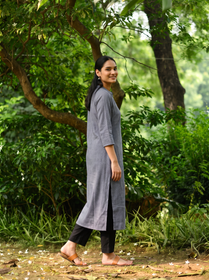 Grey Plain Wool Button Front Kurta, side view, straight, calf length, band collar, notch, AI visual of the kurta, iTokri