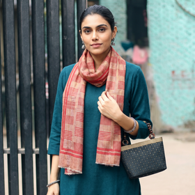 Red Plain Zari Weave Fine Wool Stole, worn by a woman, AI visual of the stole, iTokri