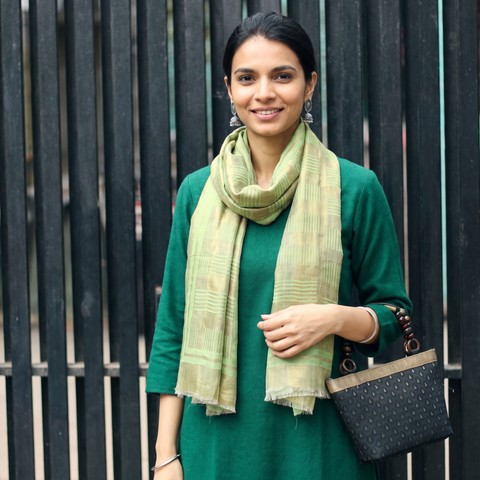 Green Plain Zari Weave Fine Wool Stole, worn by a woman, AI visual of the stole, iTokri