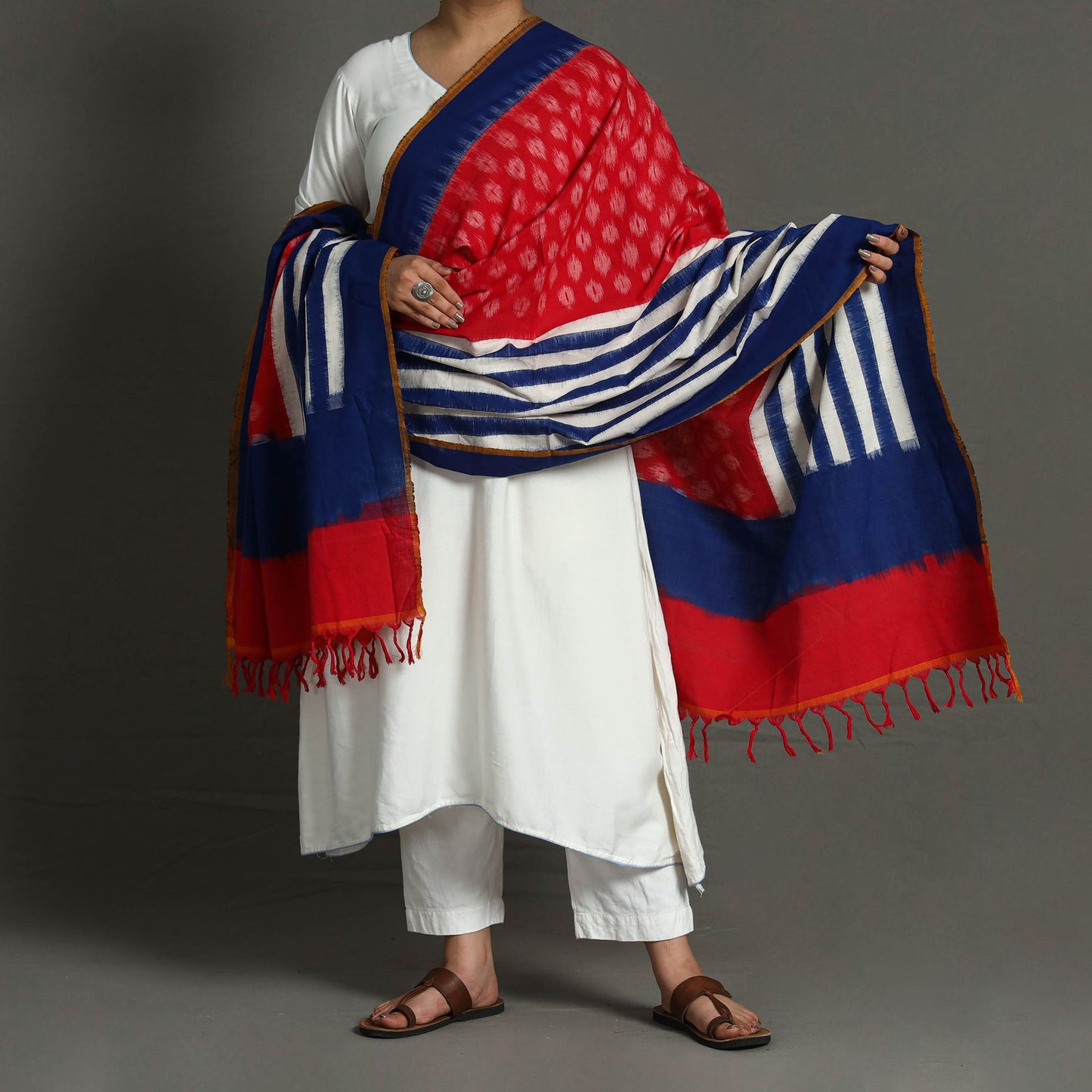 Pochampally Double Ikat Cotton Handloom Dupatta with Tassels 71