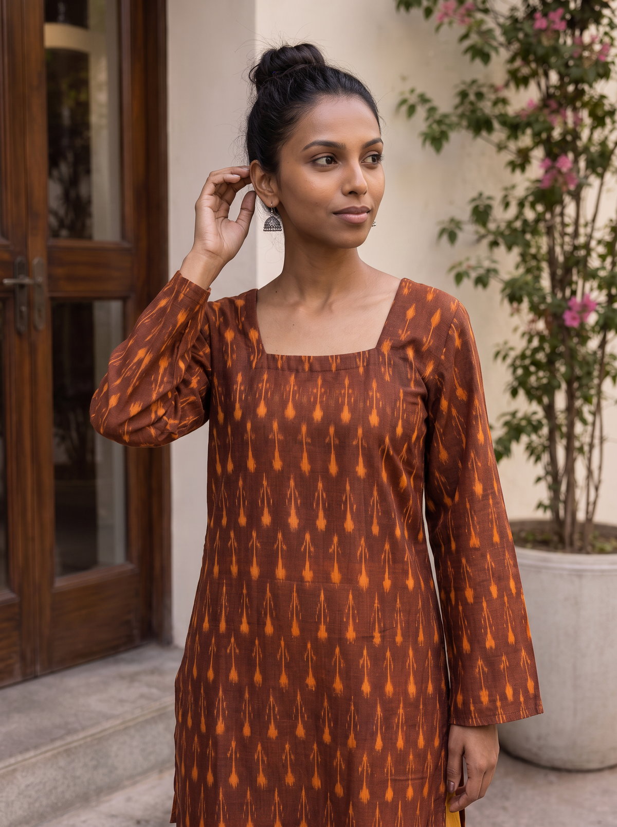Brown Pochampally Ikat Cotton Bud Kurta, front view, rust brown cotton, orange buds, soft edges, AI visual of the kurta, iTokri