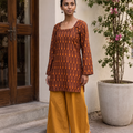 Brown Pochampally Ikat Cotton Bud Kurta, worn by a woman for casual wear, also college, daily wear, AI visual of the kurta, iTokri