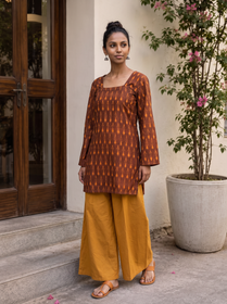 Brown Pochampally Ikat Cotton Bud Kurta, worn by a woman for casual wear, also college, daily wear, AI visual of the kurta, iTokri