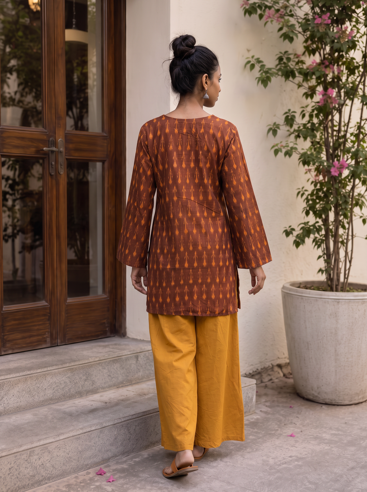 Brown Pochampally Ikat Cotton Bud Kurta, back view, straight, hip length, square neck, AI visual of the kurta, iTokri