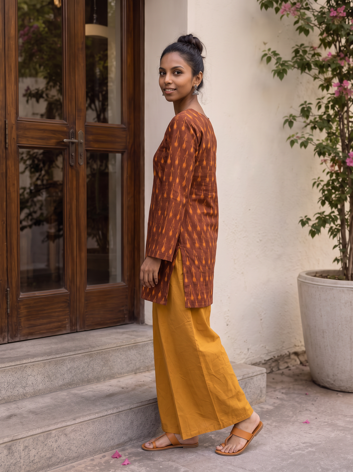 Brown Pochampally Ikat Cotton Bud Kurta, side view, straight, hip length, square neck, AI visual of the kurta, iTokri