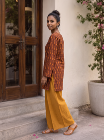 Brown Pochampally Ikat Cotton Bud Kurta, side view, straight, hip length, square neck, AI visual of the kurta, iTokri