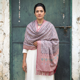 Pink Pochampally Ikat Pure Handwoven Merino Wool x Silk Shawl, worn by a model, AI visual of the shawl, iTokri