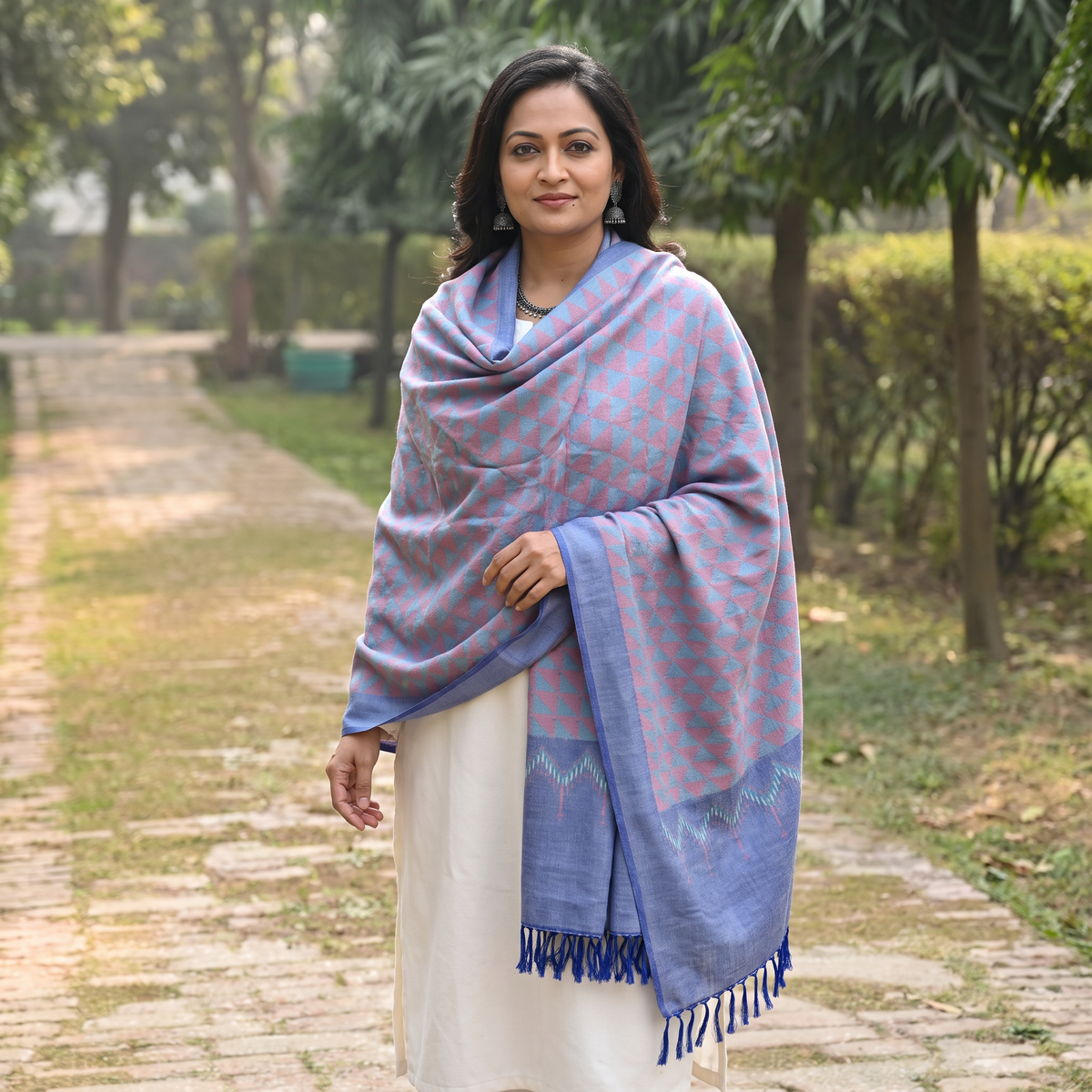 Multicolor Pochampally Ikat Pure Handwoven Merino Wool x Silk Shawl, worn by a model, AI visual of the shawl, iTokri