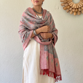 Multicolor Pochampally Ikat Pure Handwoven Merino Wool x Silk Shawl, worn by a model, AI visual of the shawl, iTokri