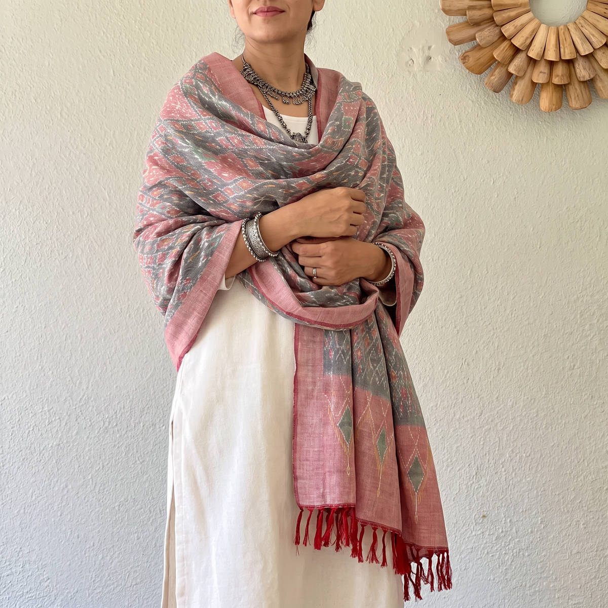 Multicolor Pochampally Ikat Pure Handwoven Merino Wool x Silk Shawl, worn by a model, AI visual of the shawl, iTokri
