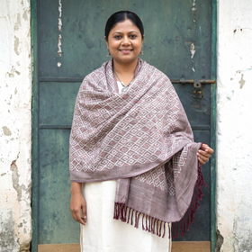 Brown Pochampally Ikat Pure Handwoven Merino Wool x Silk Shawl, worn by a model, AI visual of the shawl, iTokri