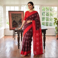 Maroon Pochampally Ikat Weave Handloom Cotton Saree, draped and worn by a woman, AI visual of the saree, iTokri