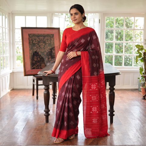 Maroon Pochampally Ikat Weave Handloom Cotton Saree, draped and worn by a woman, AI visual of the saree, iTokri