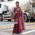 Maroon Pochampally Ikat Weave Handloom Cotton Saree, draped and worn by a woman, AI visual of the saree, iTokri