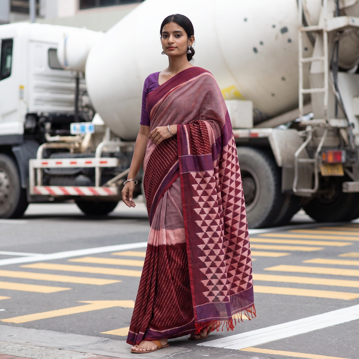 Maroon Pochampally Ikat Weave Handloom Cotton Saree, draped and worn by a woman, AI visual of the saree, iTokri