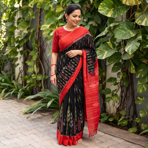 Black Pochampally Ikat Weave Handloom Cotton Saree, draped and worn by a woman, AI visual of the saree, iTokri