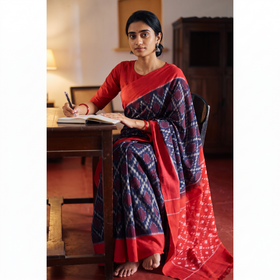 Blue Pochampally Ikat Weave Handloom Cotton Saree, draped and worn by a woman, AI visual of the saree, iTokri