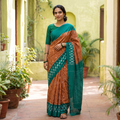 Brown Pochampally Ikat Weave Handloom Cotton Saree, draped and worn by a woman, AI visual of the saree, iTokri