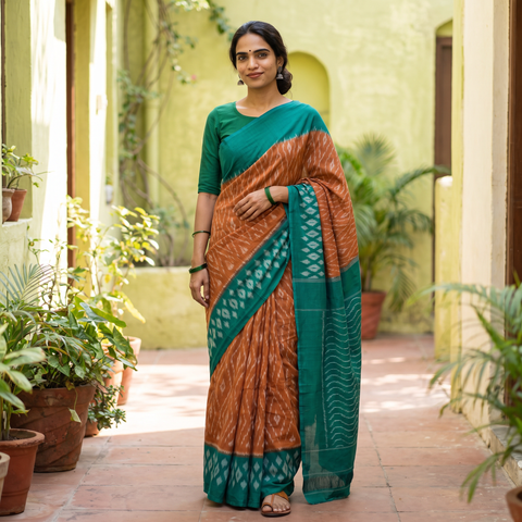 Brown Pochampally Ikat Weave Handloom Cotton Saree, draped and worn by a woman, AI visual of the saree, iTokri