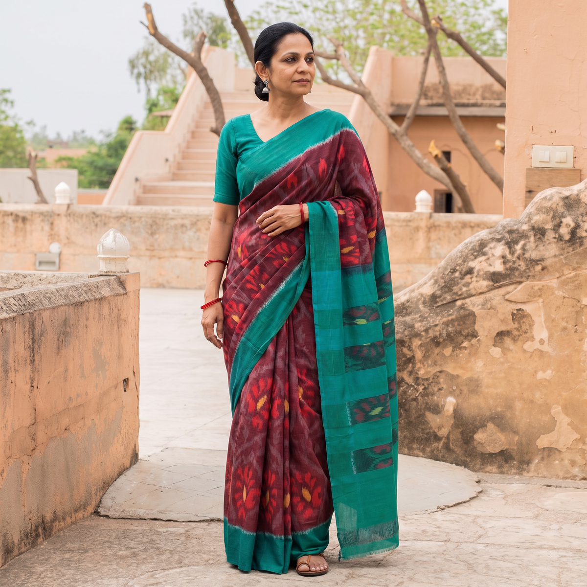 Maroon Pochampally Ikat Weave Handloom Cotton Saree, draped and worn by a woman, AI visual of the saree, iTokri
